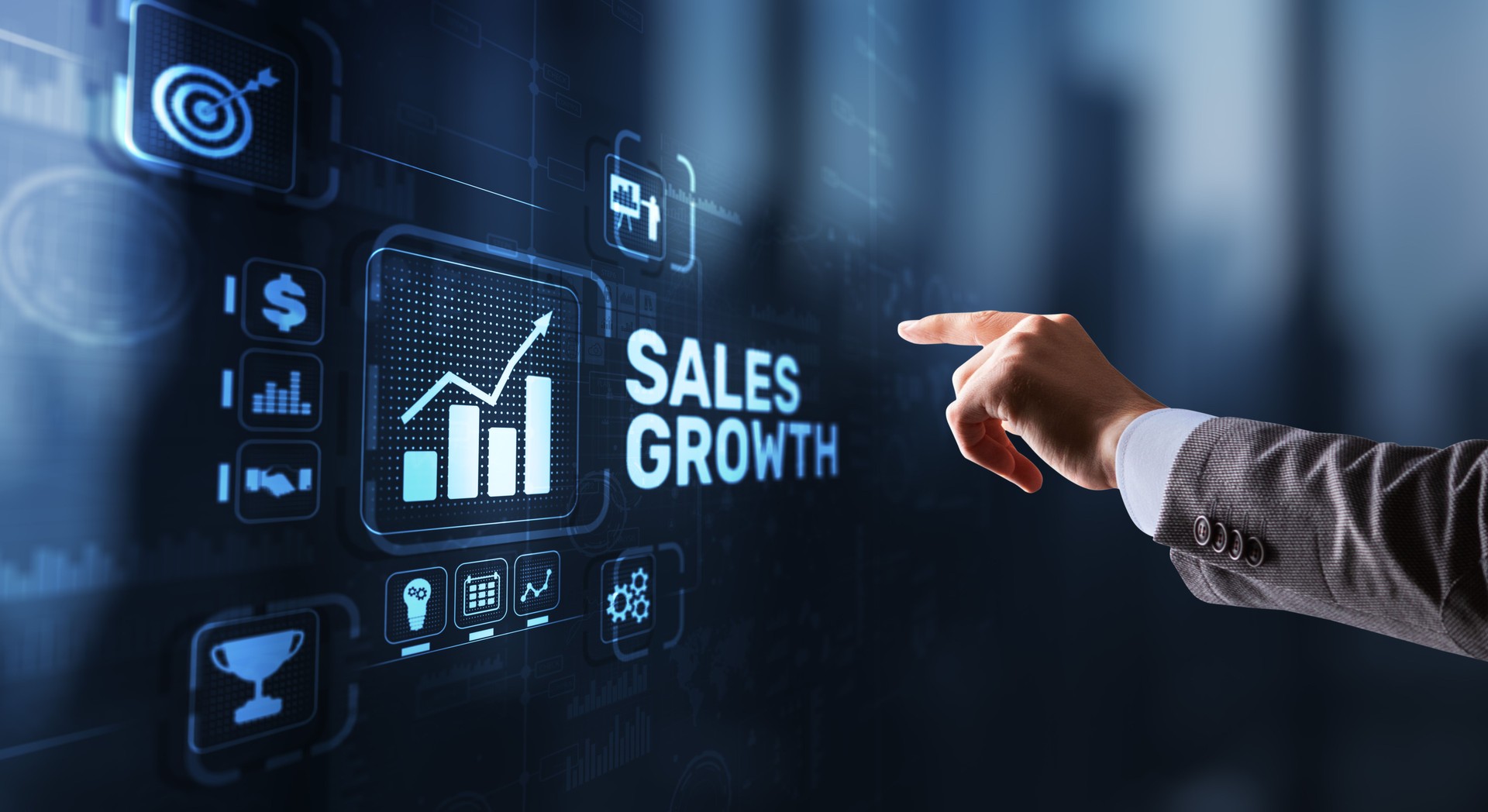 Sales Growth Man clicks inscription on virtual 3D screen